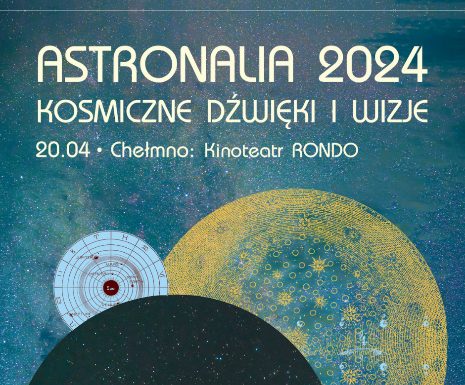Nocne niebo, wiele gwiazd, okrągłe kształty wyglądające jak planety. Tekst Astronalia 2024, kosmiczne dźwięki i wizje. 20.04 Chełmno: Kinoteatr RONDO