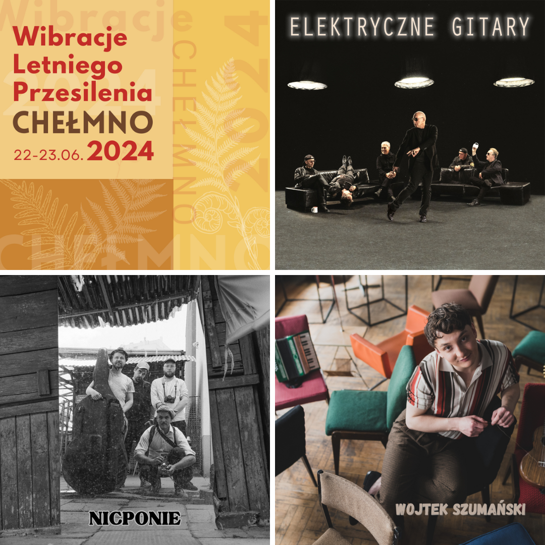 Grafika podzielona na cztery części ukazująca kolejno artystów Wibracji Letniego Przesilenia: Elektryczne Gitary, Nicponie, Wojtek Szumański.