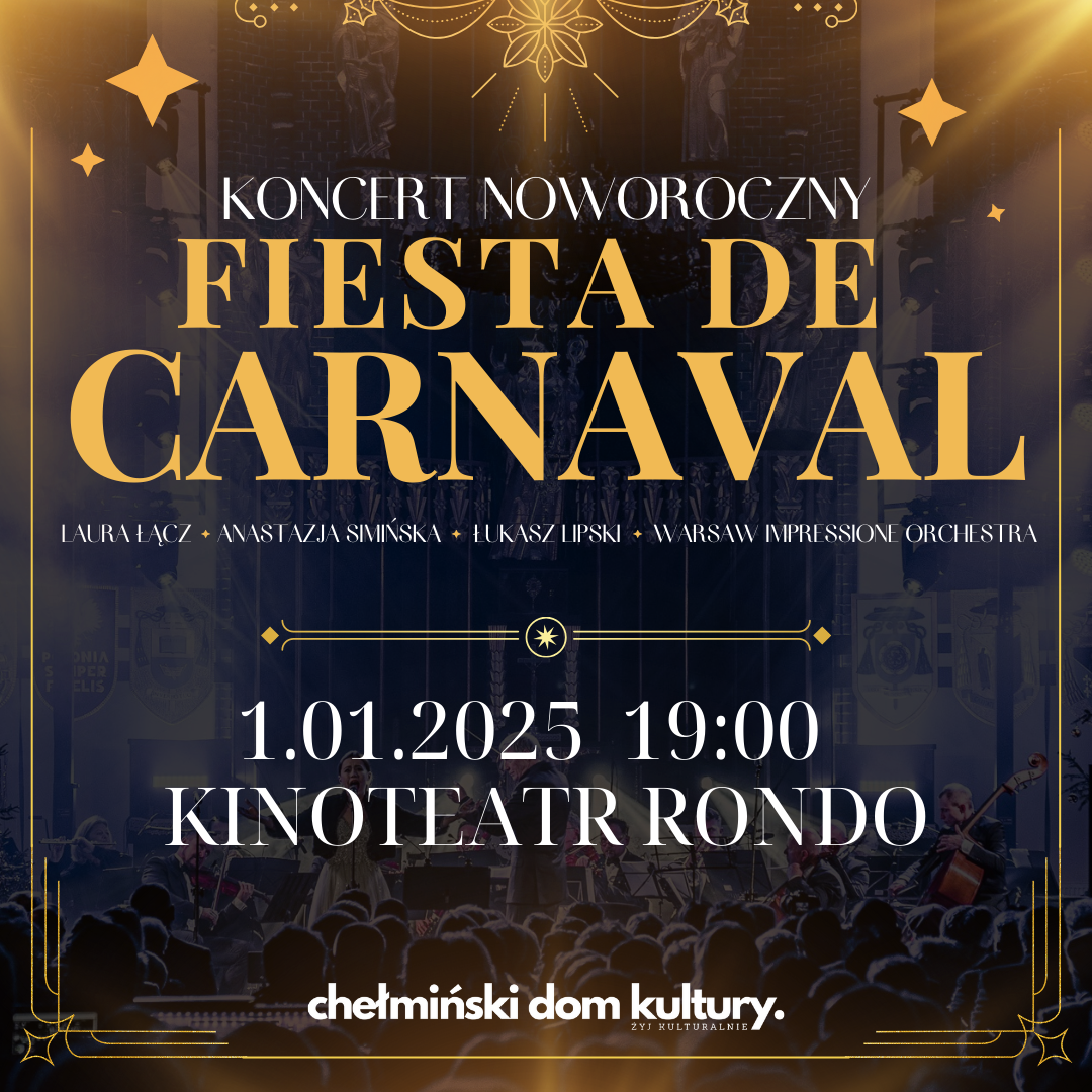 Tło sali koncertowej, tekst: ,,Koncert noworoczny Fiesta De Carnaval. Laura Łącz, Anastacja Simińska, Łukasz Lipski, Warsaw Impressione Orchestra 1.01.2025 19:00 kinoteatr Rondo''.
